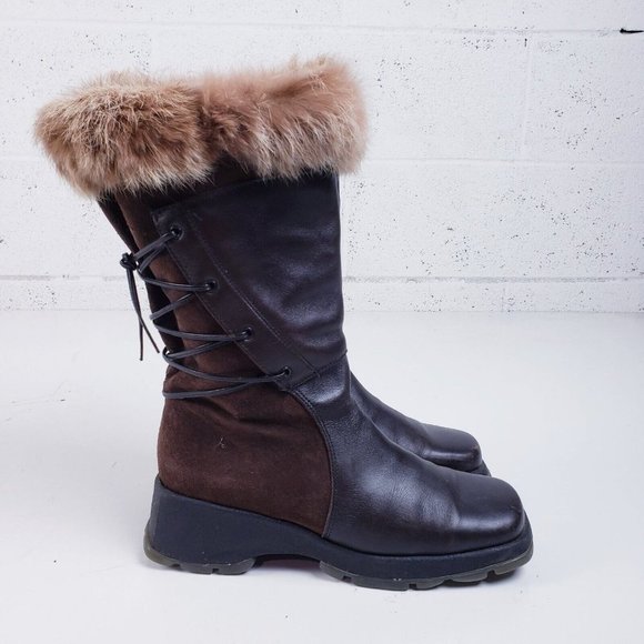 Blondo Boots Brown Leather Fur Trim Square Toe Mid-Calf Boots Womens 8.5 - Picture 1 of 8